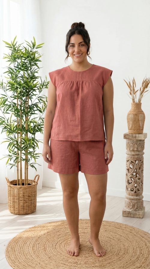 KC 006261 CONJ LINO BLUSA C/SHORT